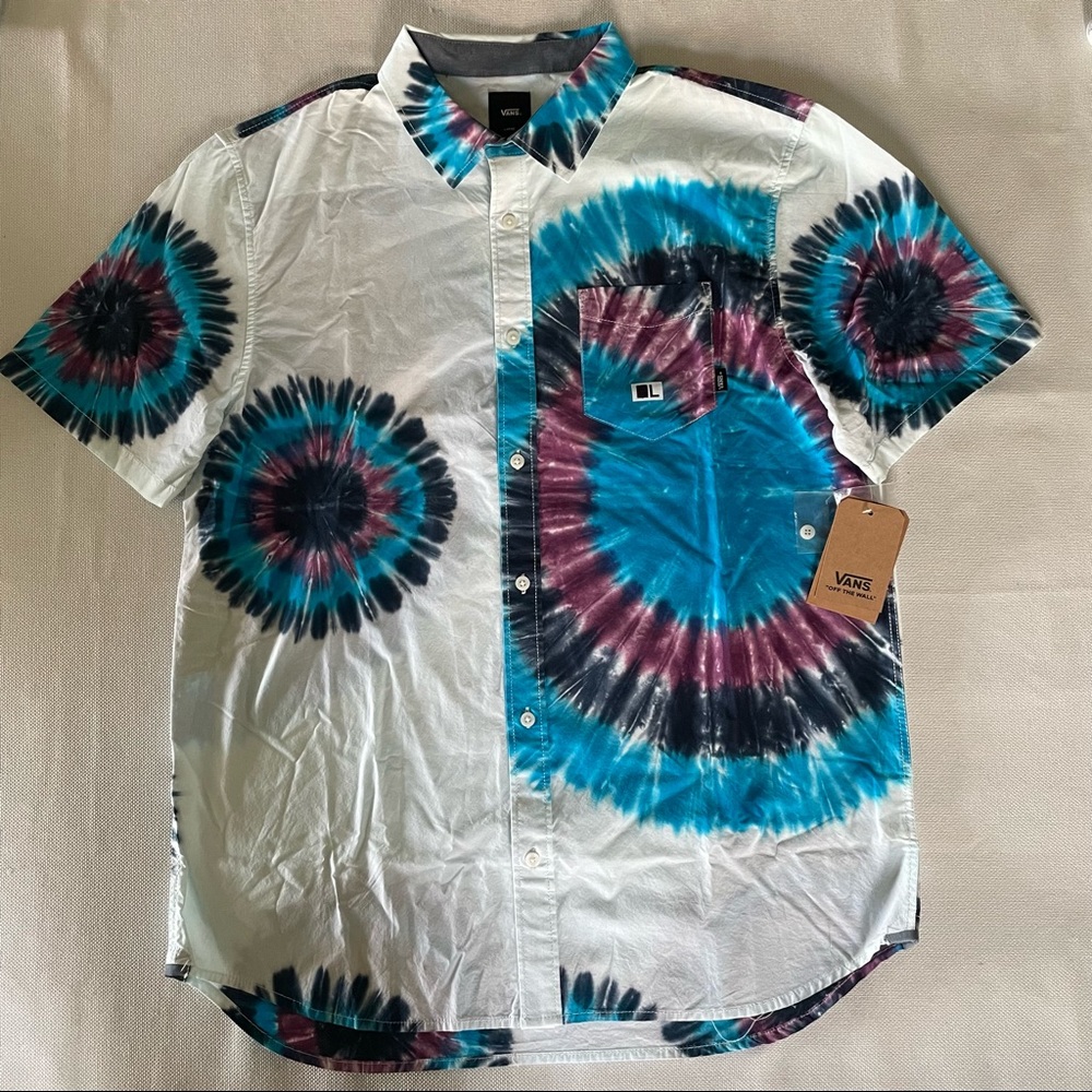 VANS MENS TIE-DYE FLORAL PALM TREE HAWAIIAN BEACH SURF SKATE SHIRT L